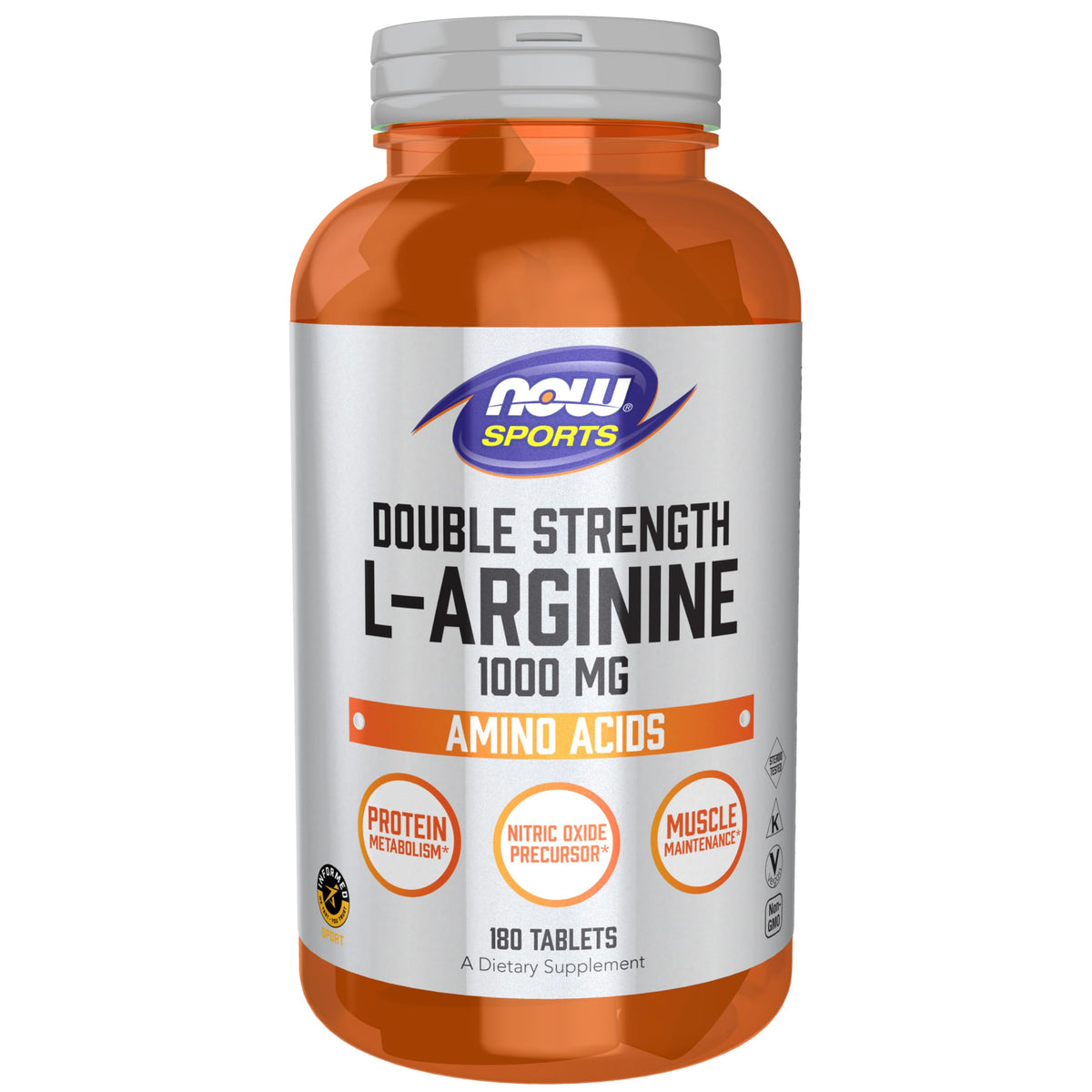 NOW Foods Arginina doble fuerza 1000 mg, botella frontal, apoyo general para entrenamiento.