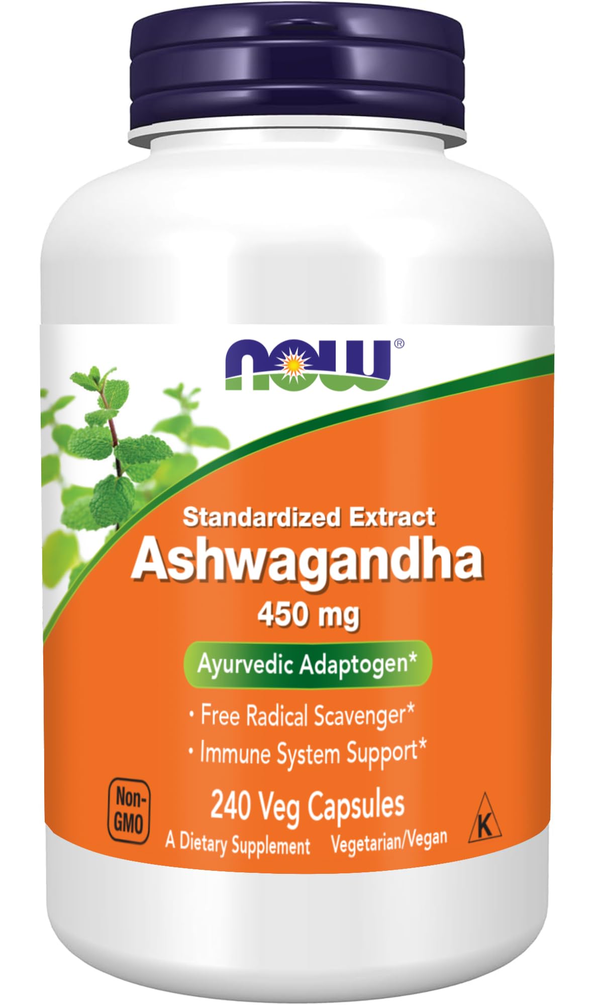 NOW Foods Ashwagandha Extract 450 mg en botella, apoyo al bienestar diario.