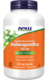 NOW Foods Ashwagandha Extract 450 mg en botella, apoyo al bienestar diario.