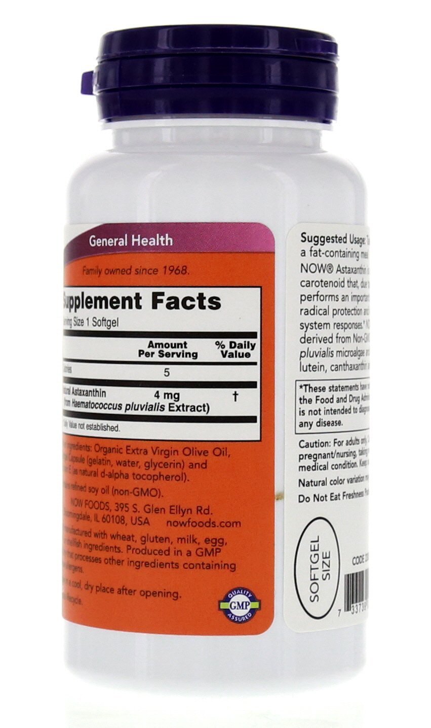 NOW Foods Astaxantina 4 mg, cápsulas blandas, ideal para apoyo energético diario.