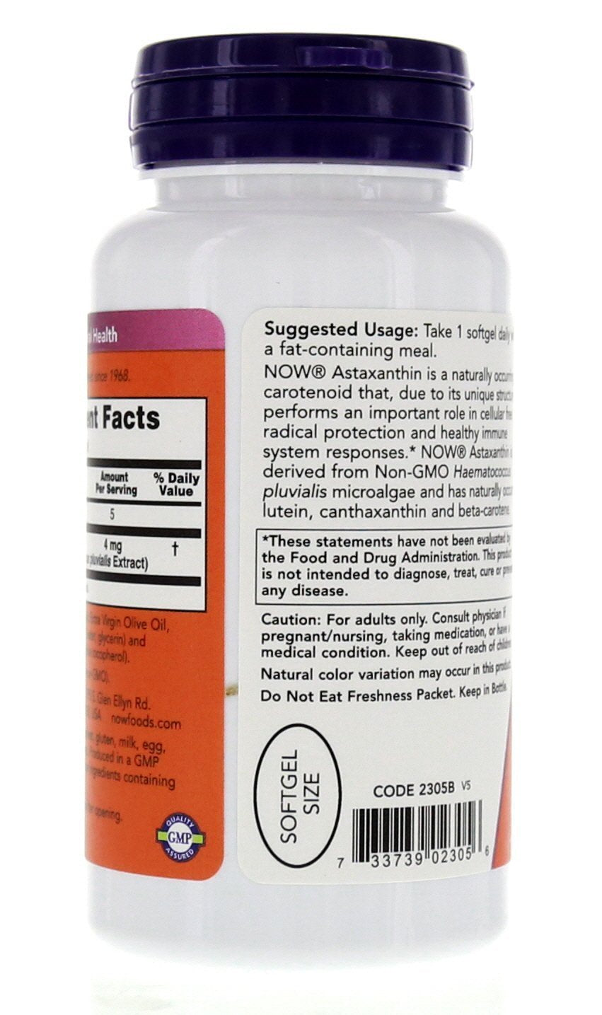 NOW Foods Astaxantina 4 mg, dosis por cápsula, envase de 90 cápsulas blandas.