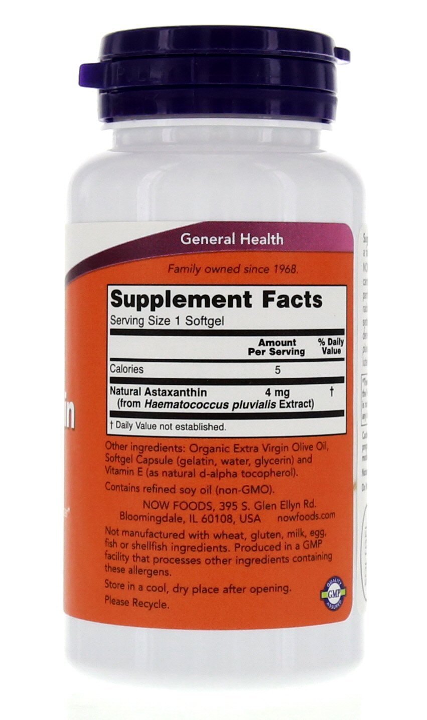 NOW Foods Astaxantina 4 mg, etiqueta frontal clara para revisión rápida.
