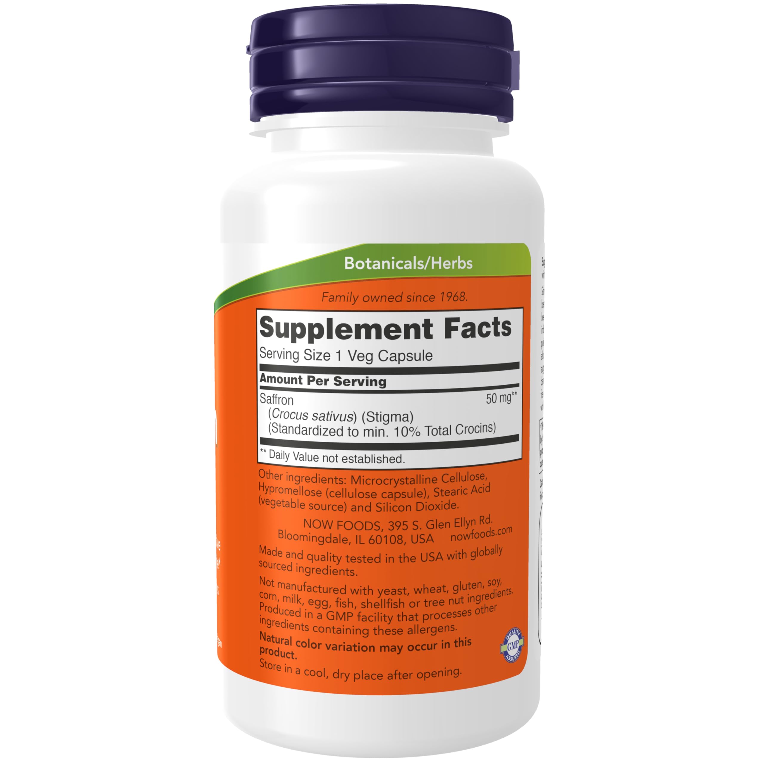 NOW Foods azafrán entero, botella visible, posible apoyo al bienestar diario