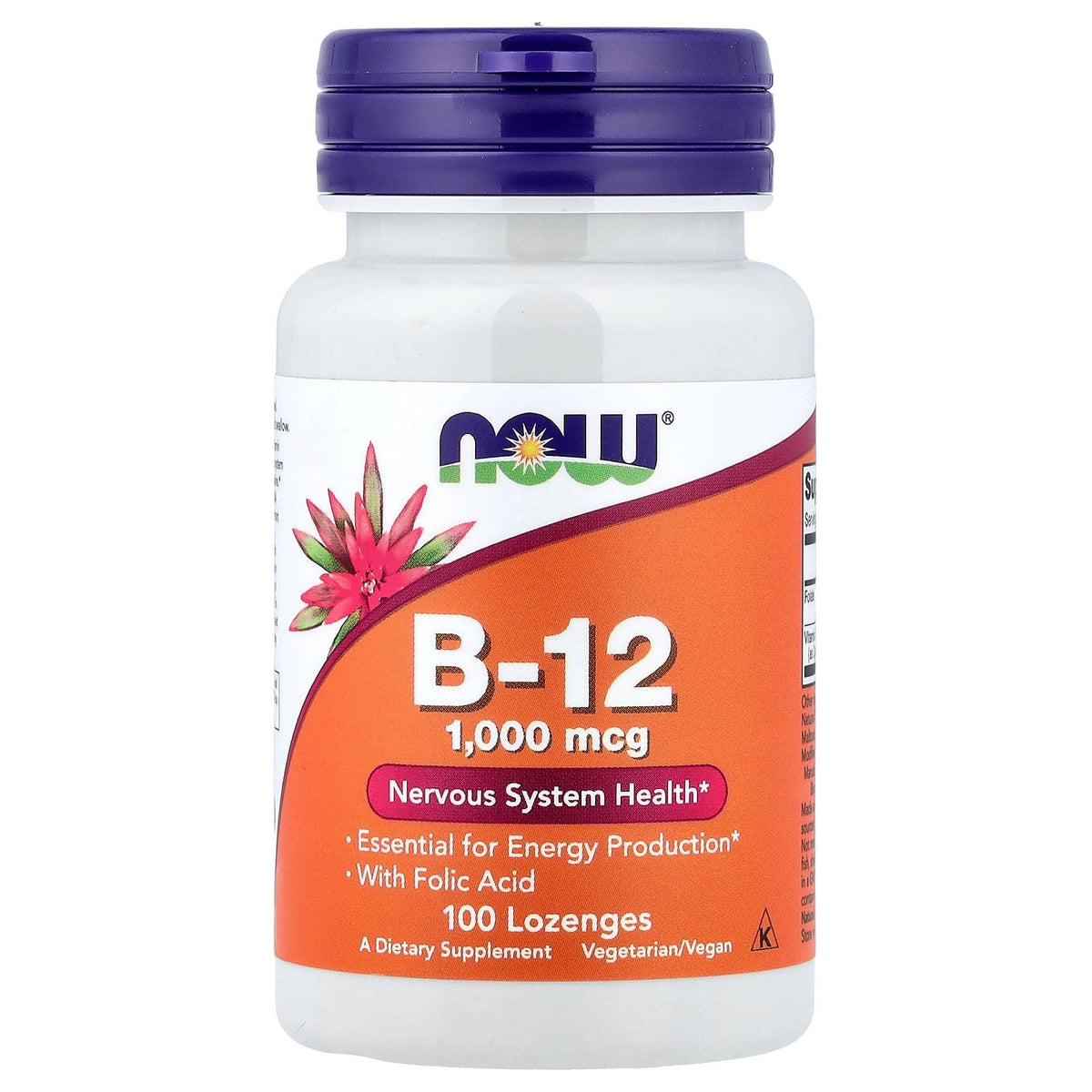 NOW Foods B-12 masticables 1000 mcg, frasco de 100, apoyo al sistema nervioso y energía diaria.