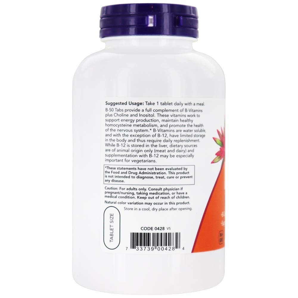 NOW Foods B-50, etiqueta nutricional visible para referencia rápida.