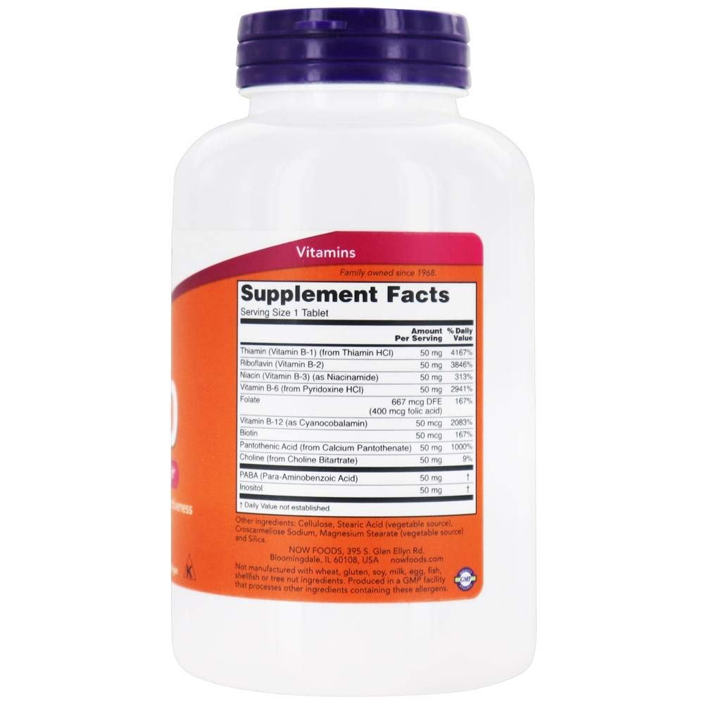 NOW Foods B-50, frasco de tabletas para consumo diario.