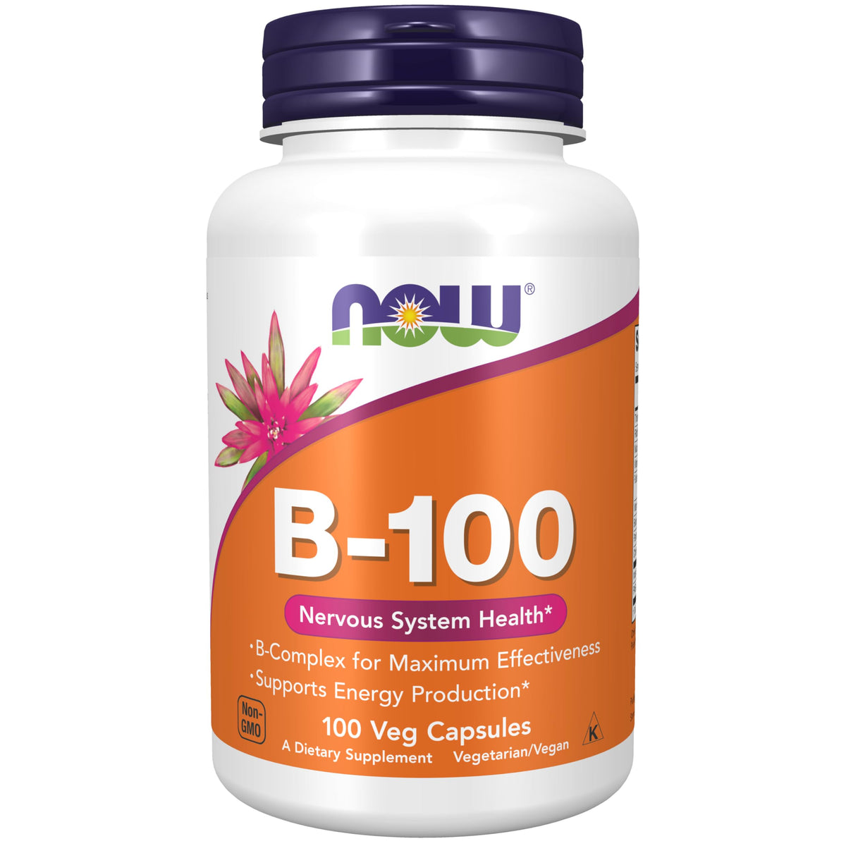 NOW Foods B-100, botella con etiqueta visible, apoya energía diaria.