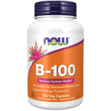 NOW Foods B-100, botella con etiqueta visible, apoya energía diaria.