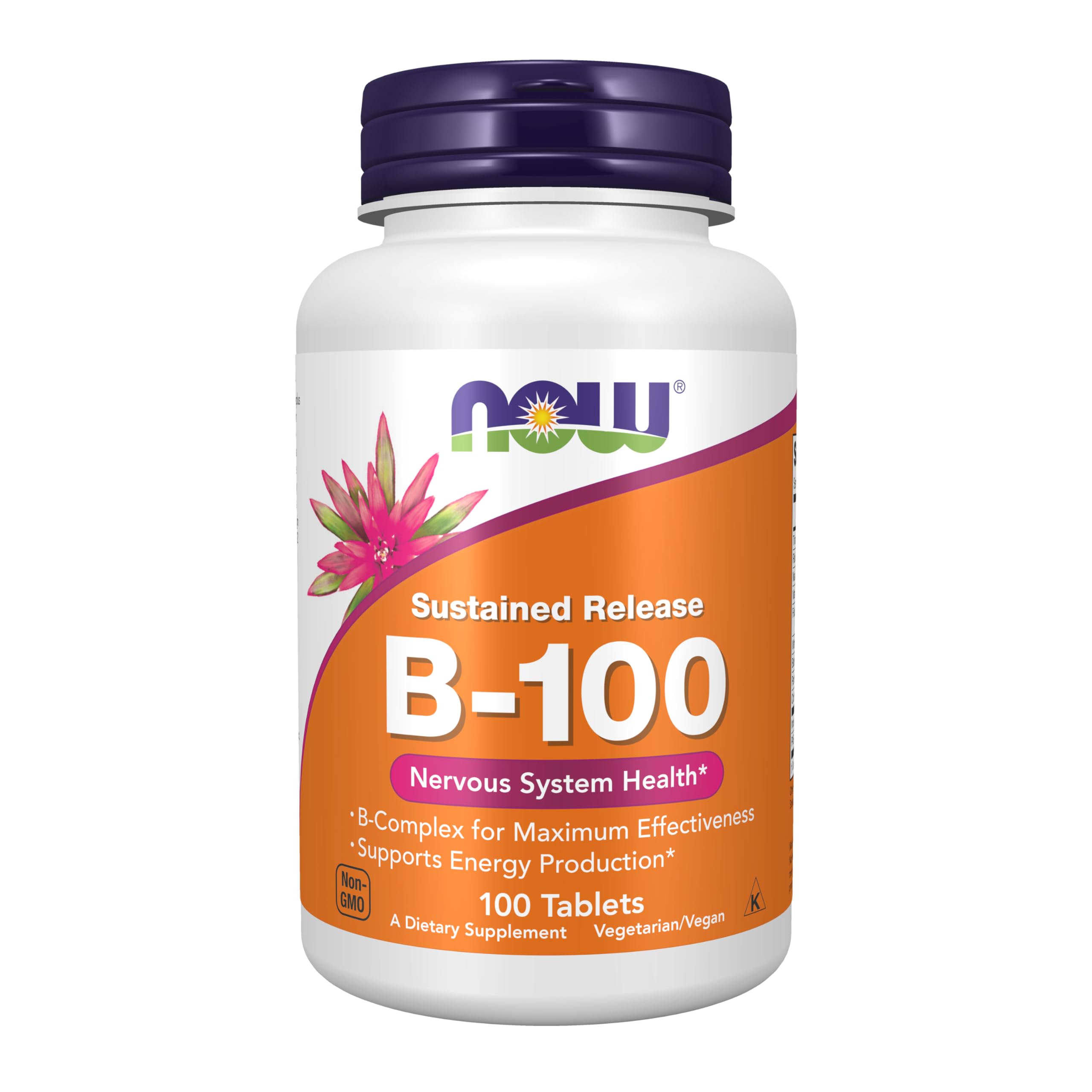 NOW Foods B-100 cápsulas frasco frente para energía diaria
