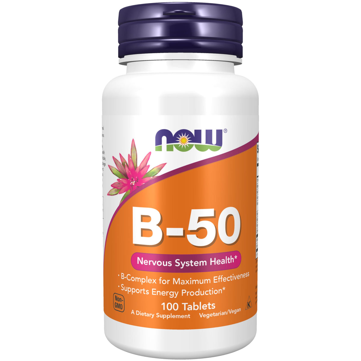 NOW Foods B-50 Tabletas, botella frontal, apoyo a la energía diaria y al sistema nervioso.