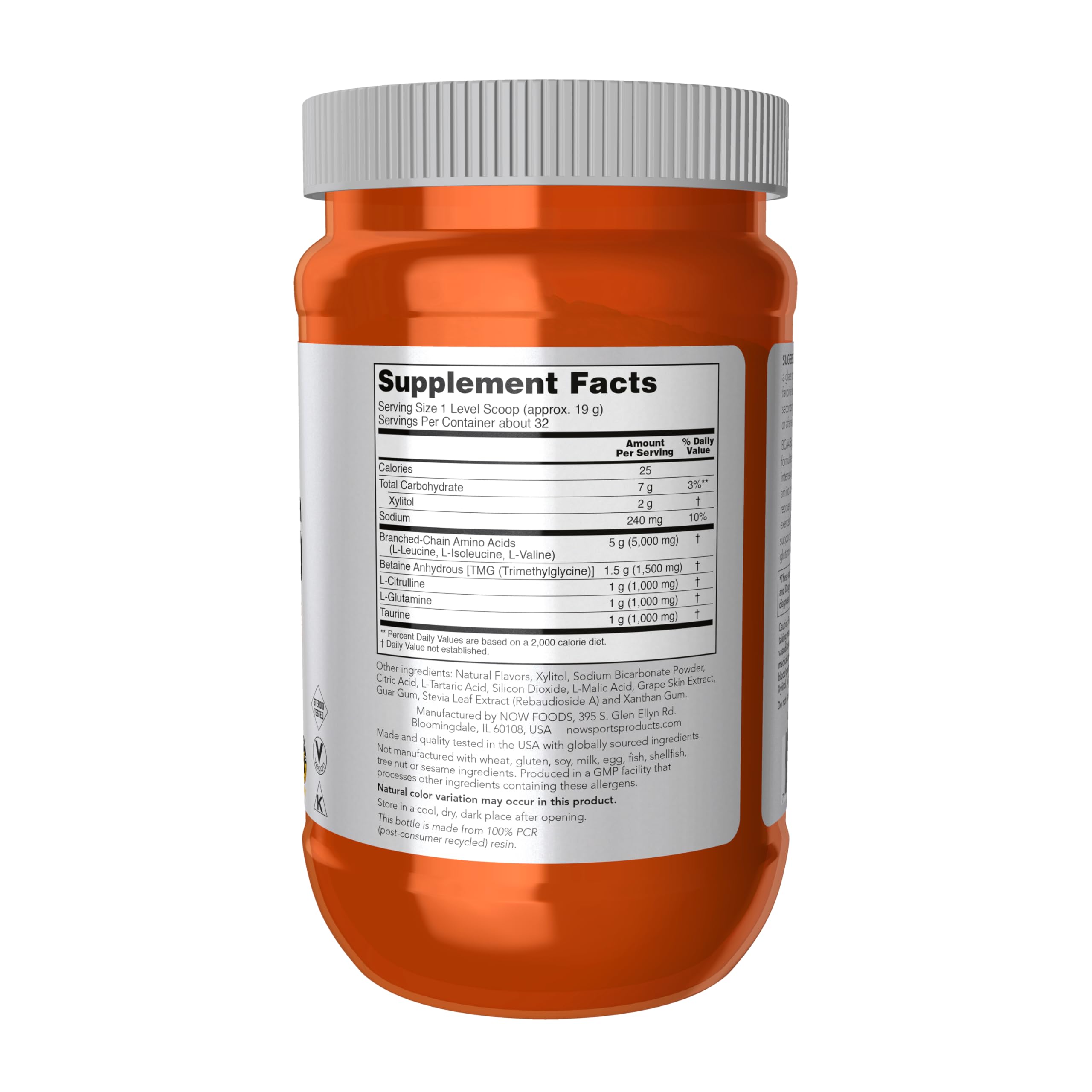 NOW Foods BCAA Big 6 con cucharita medidora para dosis precisas.
