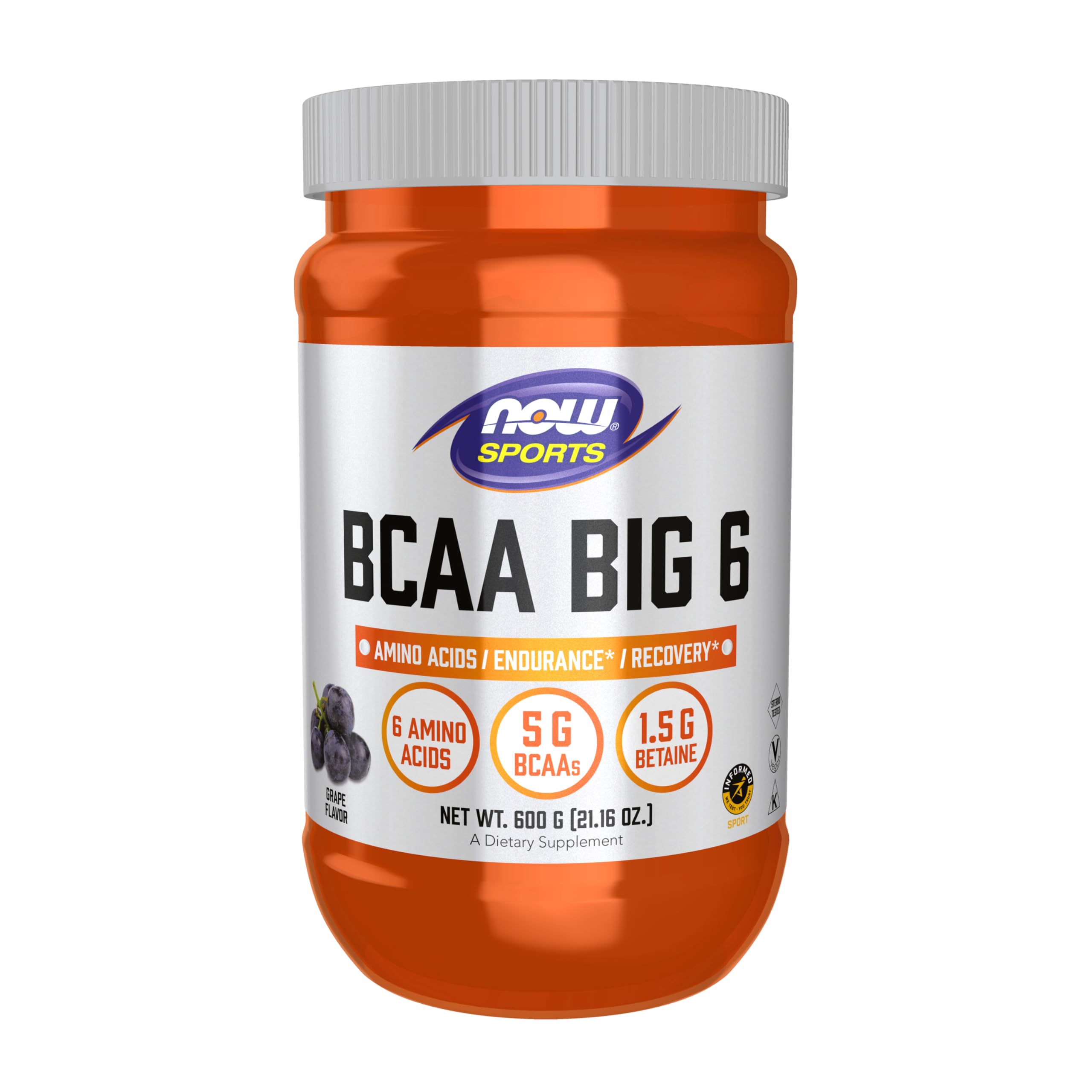 NOW Foods BCAA Big 6 en frasco sabor uva para resistencia durante entrenamientos.