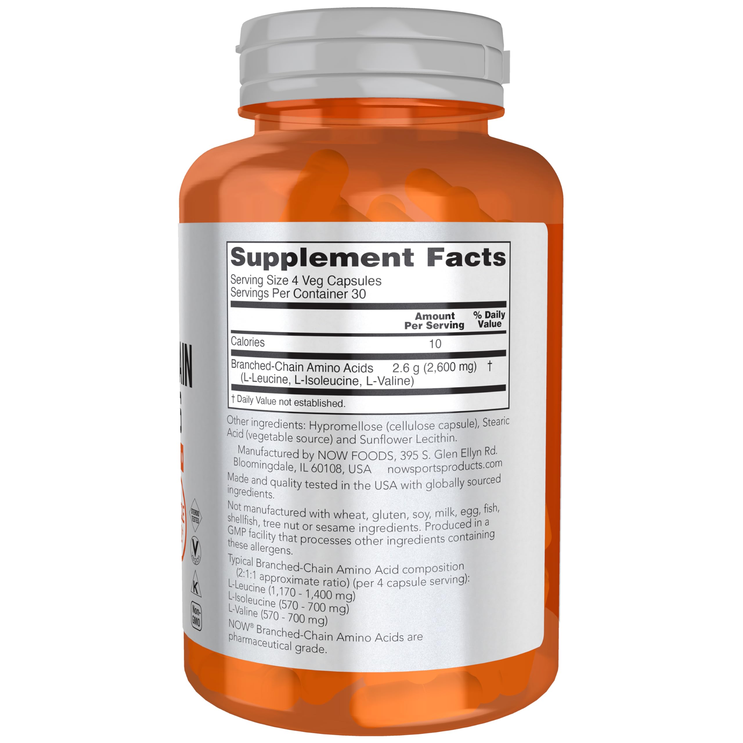 NOW Foods BCAA en etiqueta con ingredientes y valores de aminoácidos