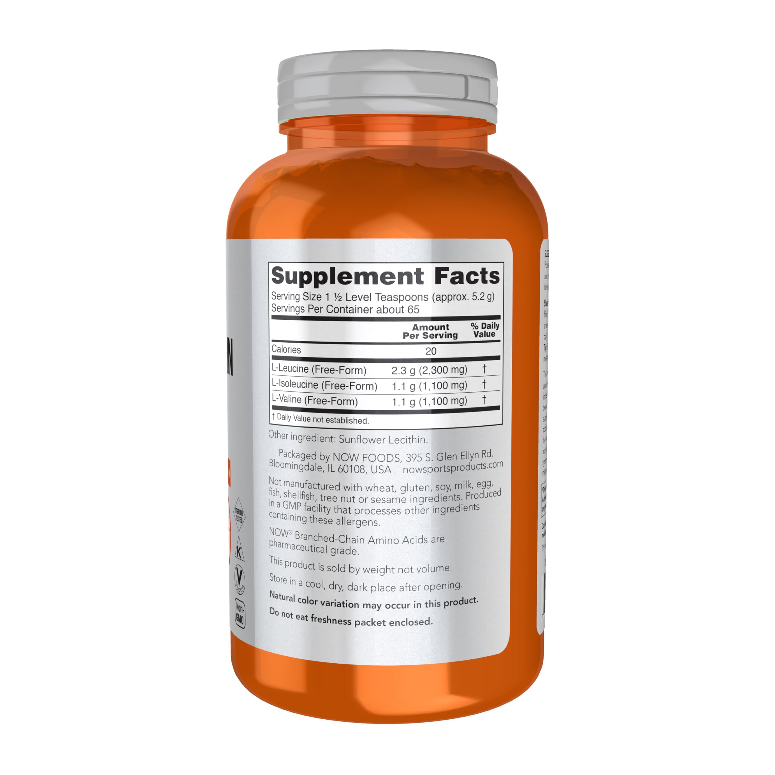 Etiqueta nutricional NOW Foods BCAA para planificación de dosis