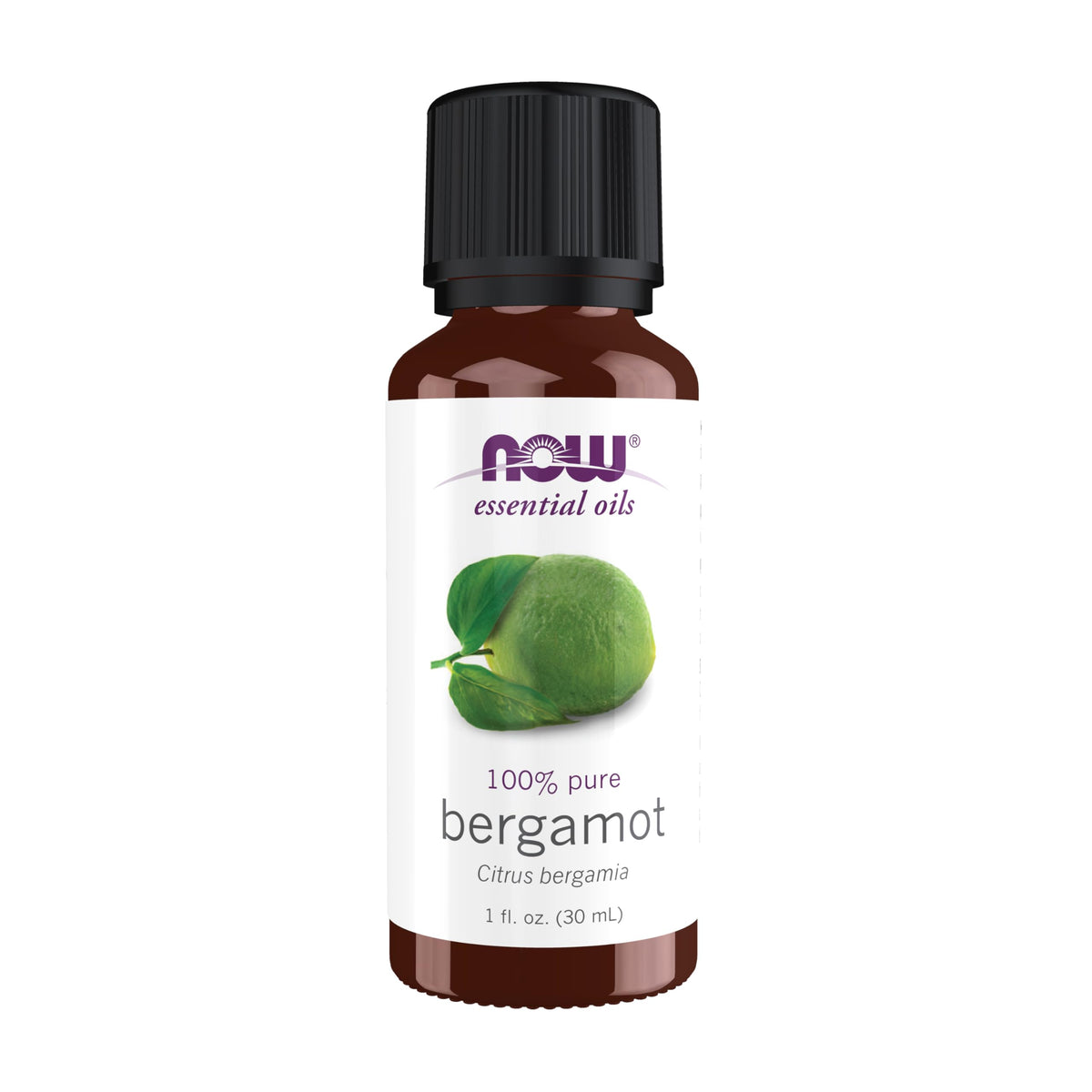 NOW Foods Bergamot Oil frasco frontal, aroma cítrico para aromaterapia suave.