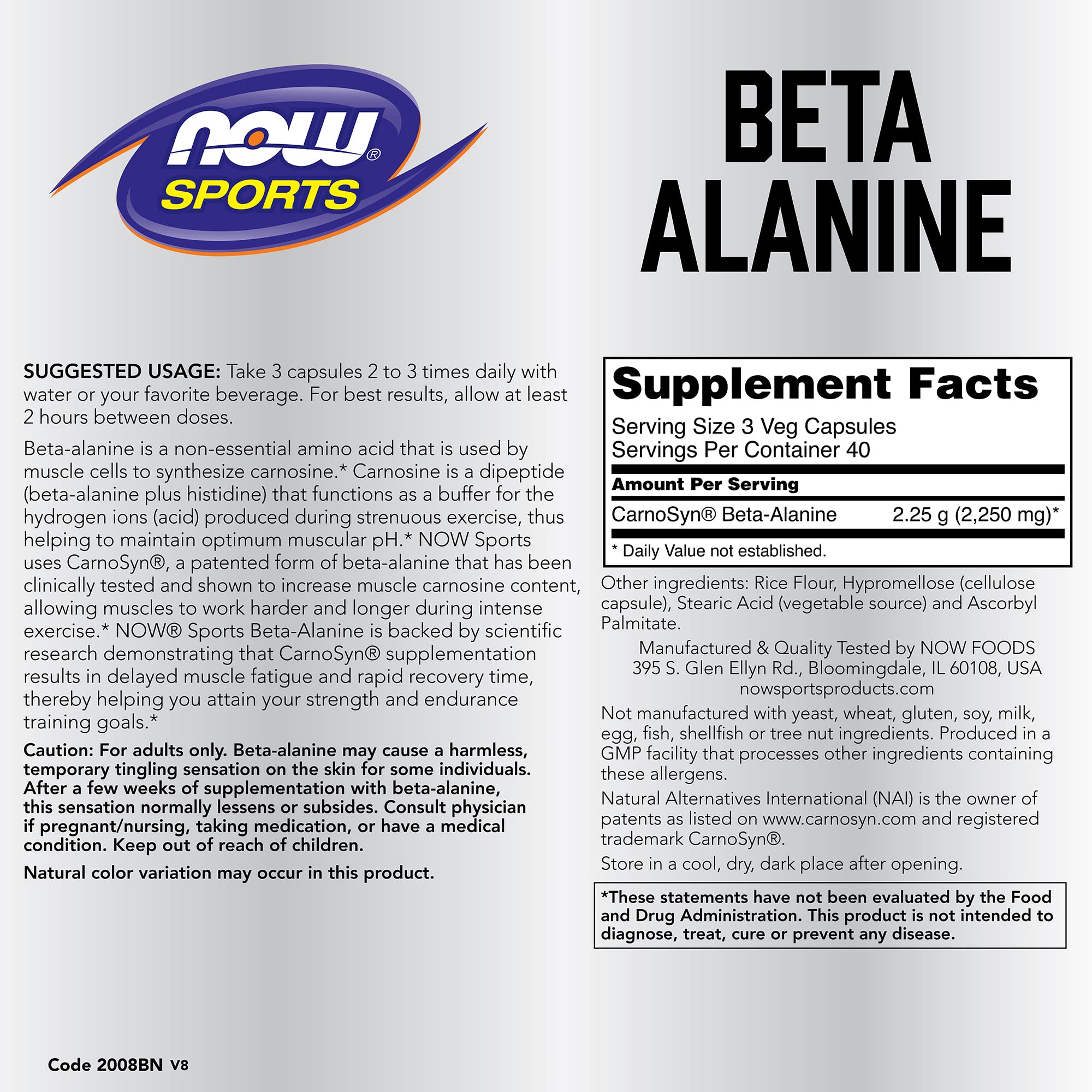 NOW Foods Beta-Alanine paquete cápsulas, etiqueta visible, posibilidad de mayor resistencia en series cortas.