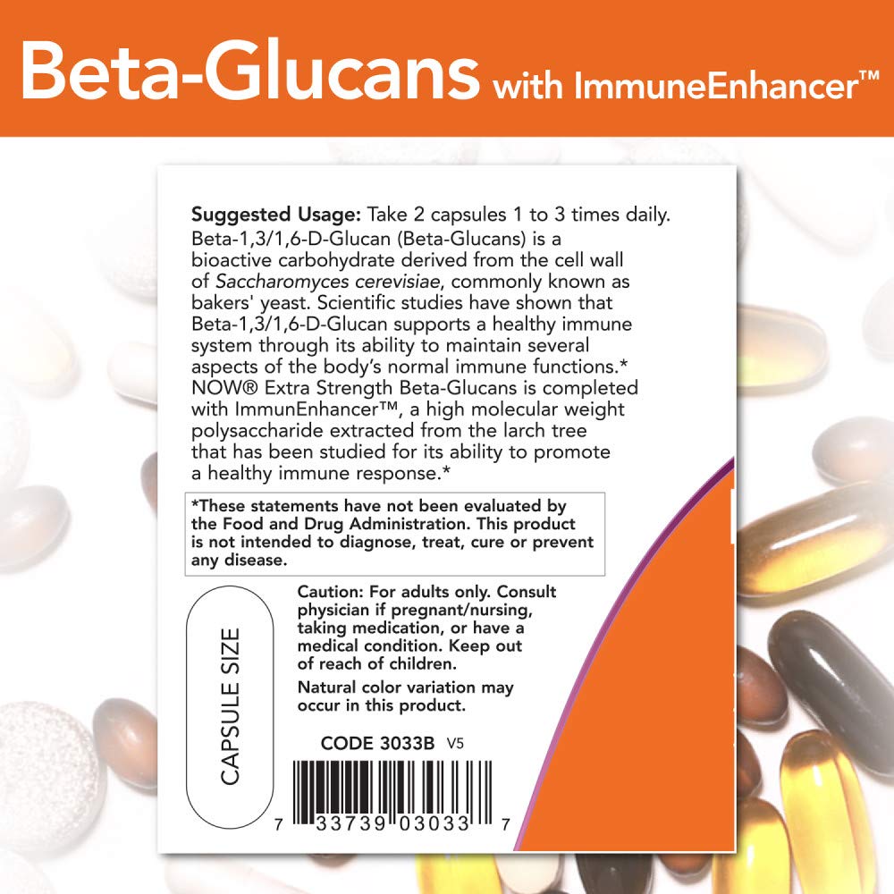 NOW Foods Beta-Glucanos ImmunEnhancer etiqueta frontal destacando ingredientes clave