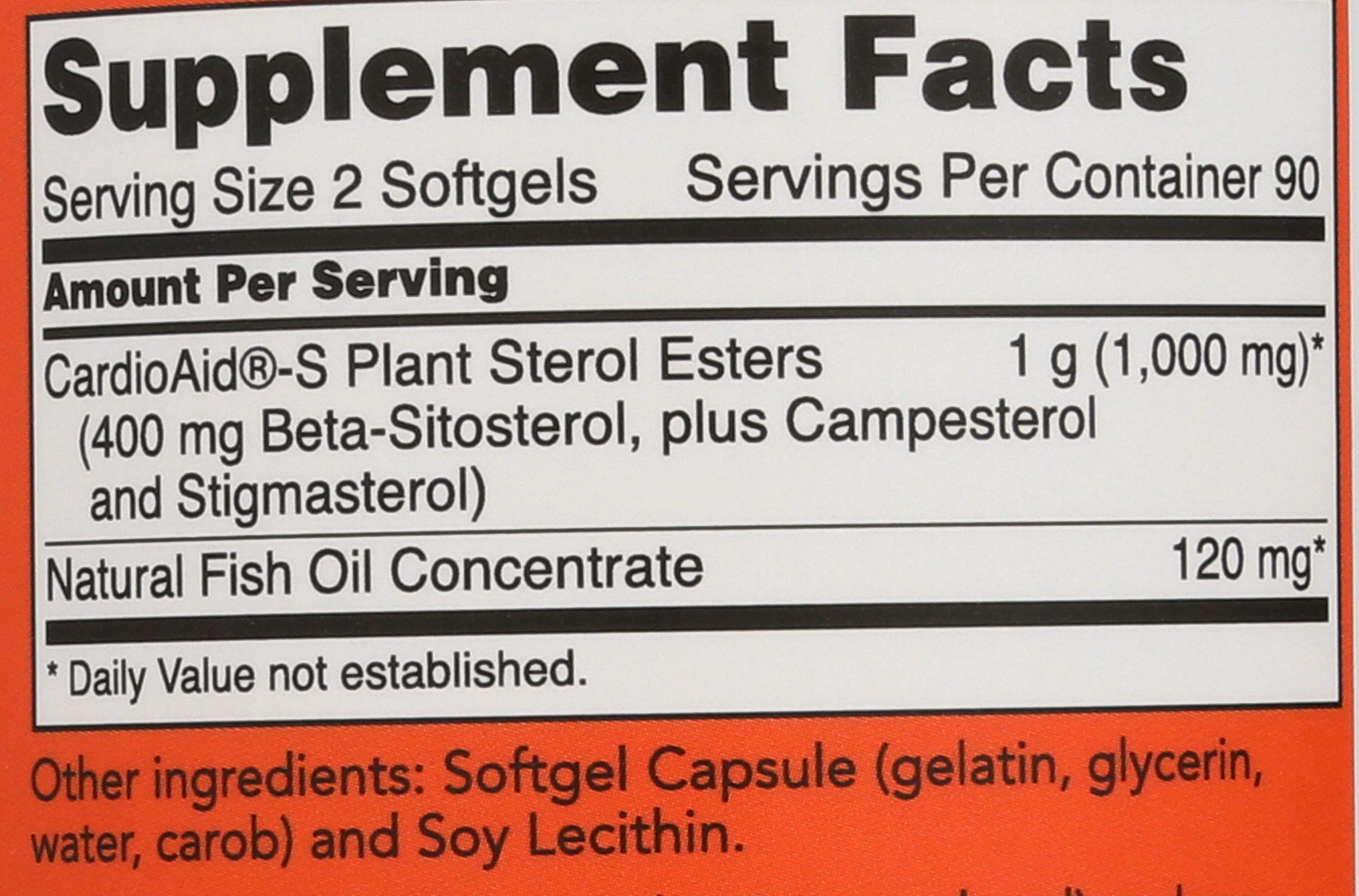 NOW Foods Beta-Sitosterol, etiqueta detallada con esteroles vegetales y aceite de pescado para bienestar.