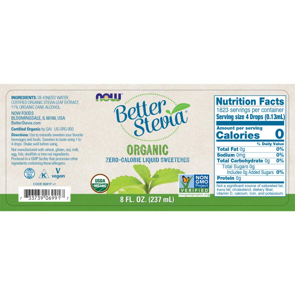 NOW Foods BetterStevia: vista frontal de la botella, opción natural para endulzar.