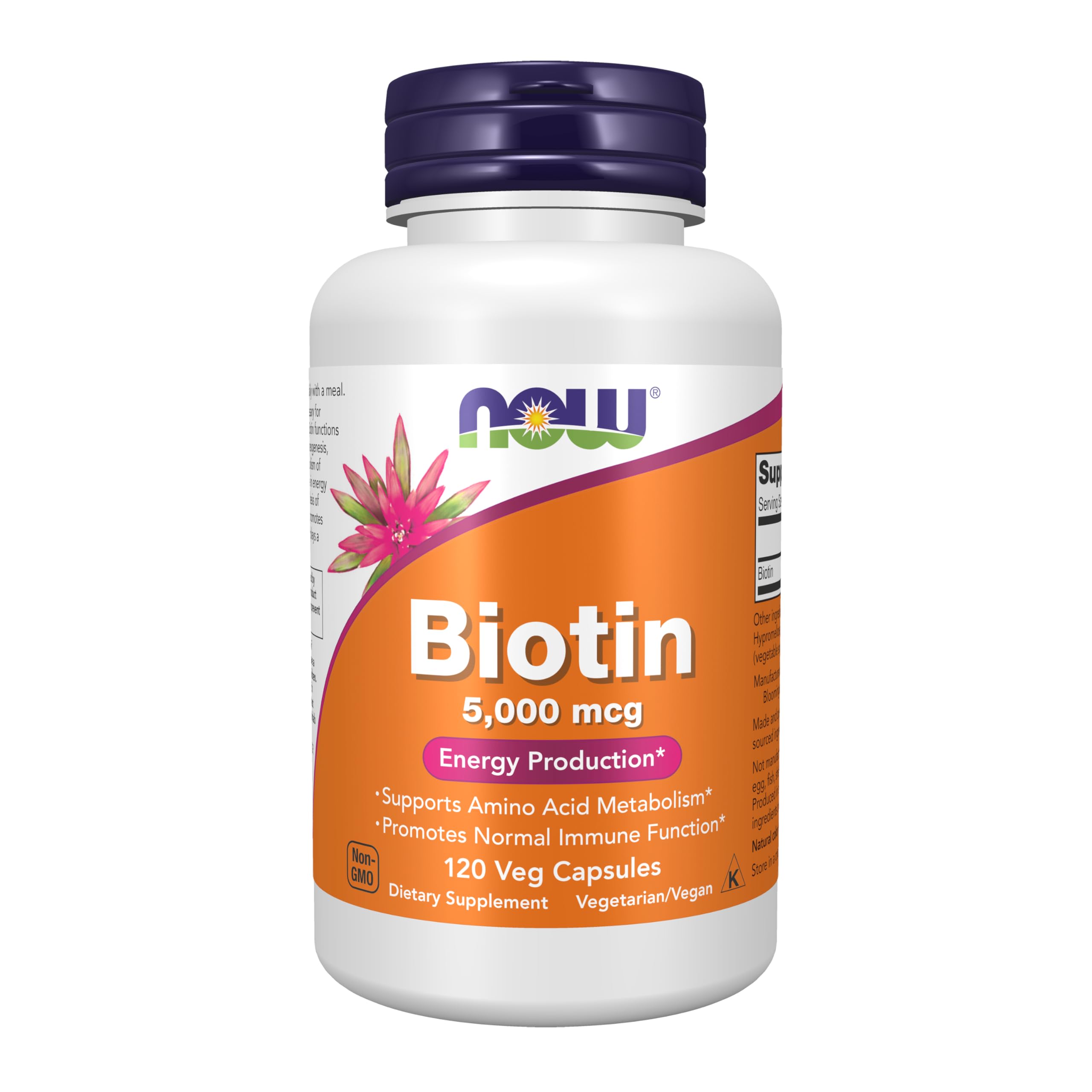NOW Foods Biotin 5000 mcg cápsulas vegetales para apoyar metabolismo de aminoácidos