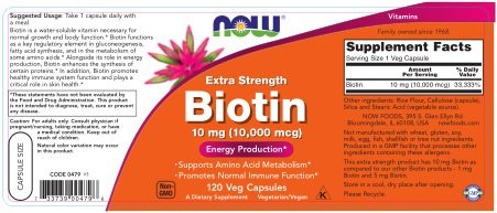 NOW Foods Biotina 10 mg, etiqueta, uso diario para cabello y uñas.