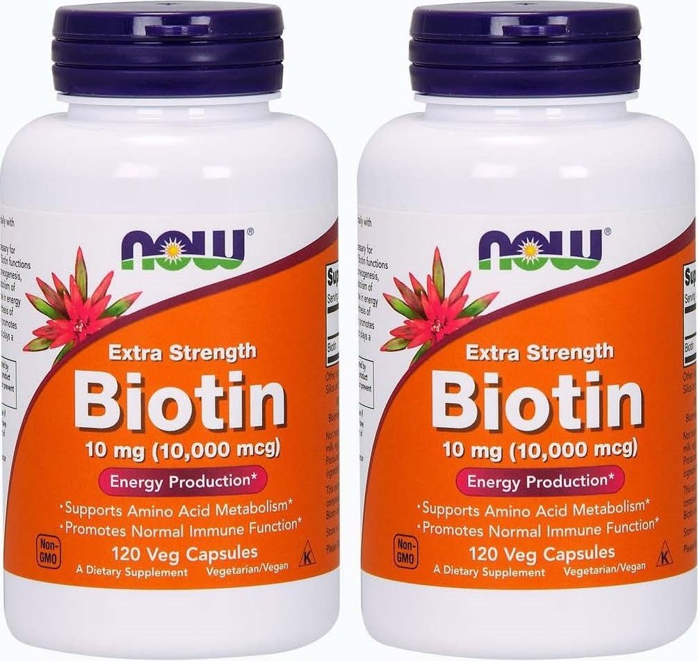 NOW Foods Biotina 10 mg, frente del envase, apoyo para cabello y uñas.