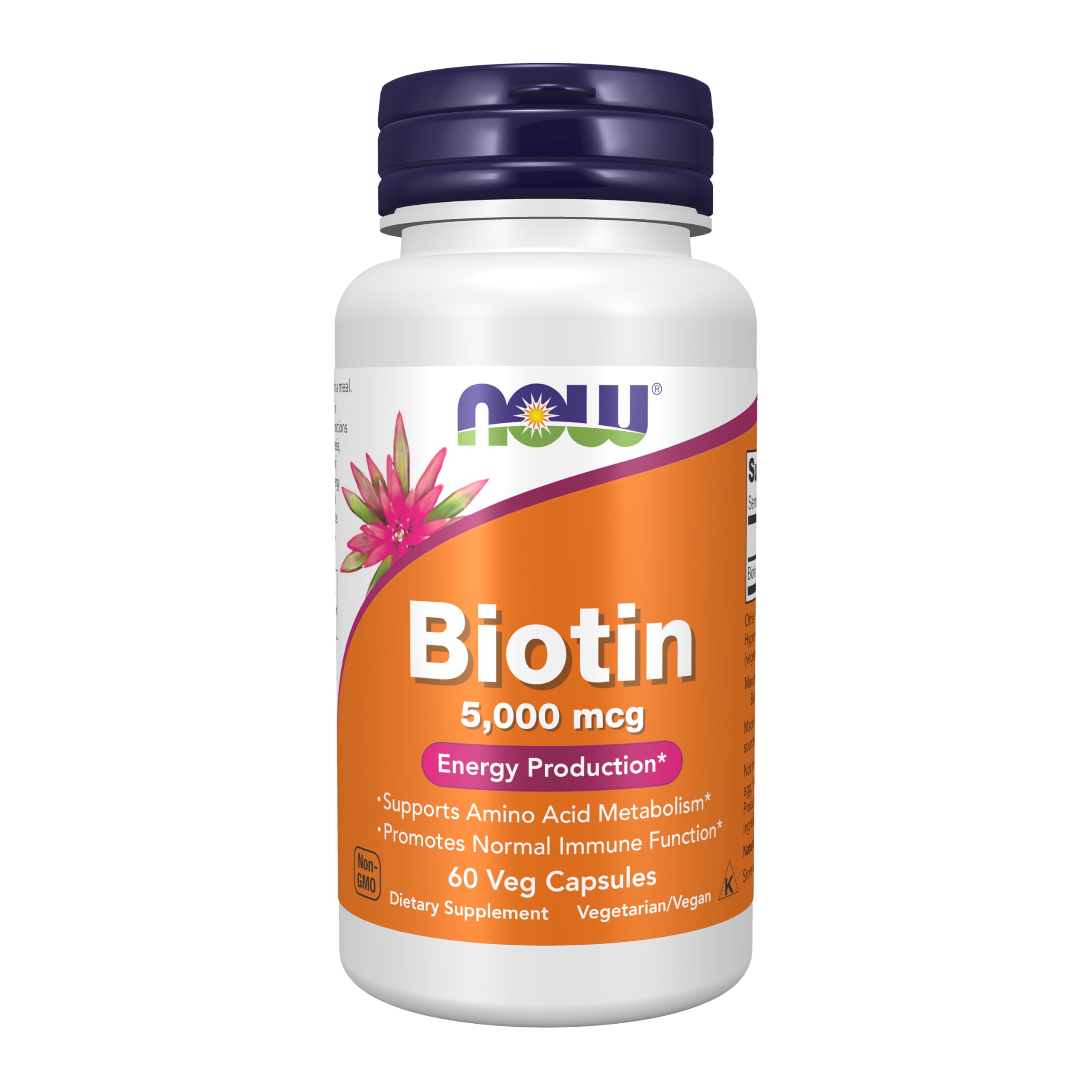 NOW Foods Biotina 5000 mcg cápsulas vegetales para metabolismo de aminoácidos y energía.