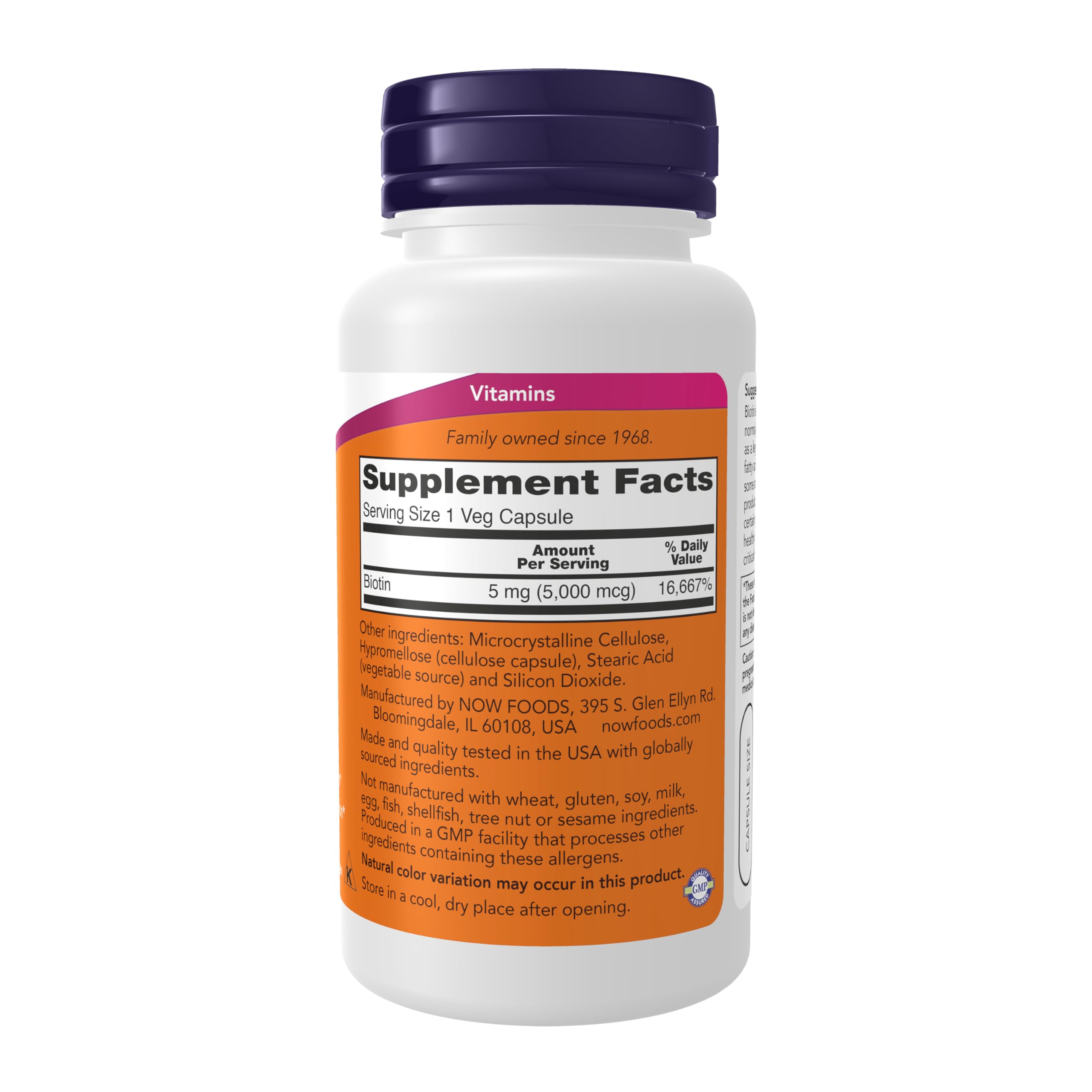 NOW Foods Biotina 5000 mcg etiqueta clara para beneficios y uso diario.