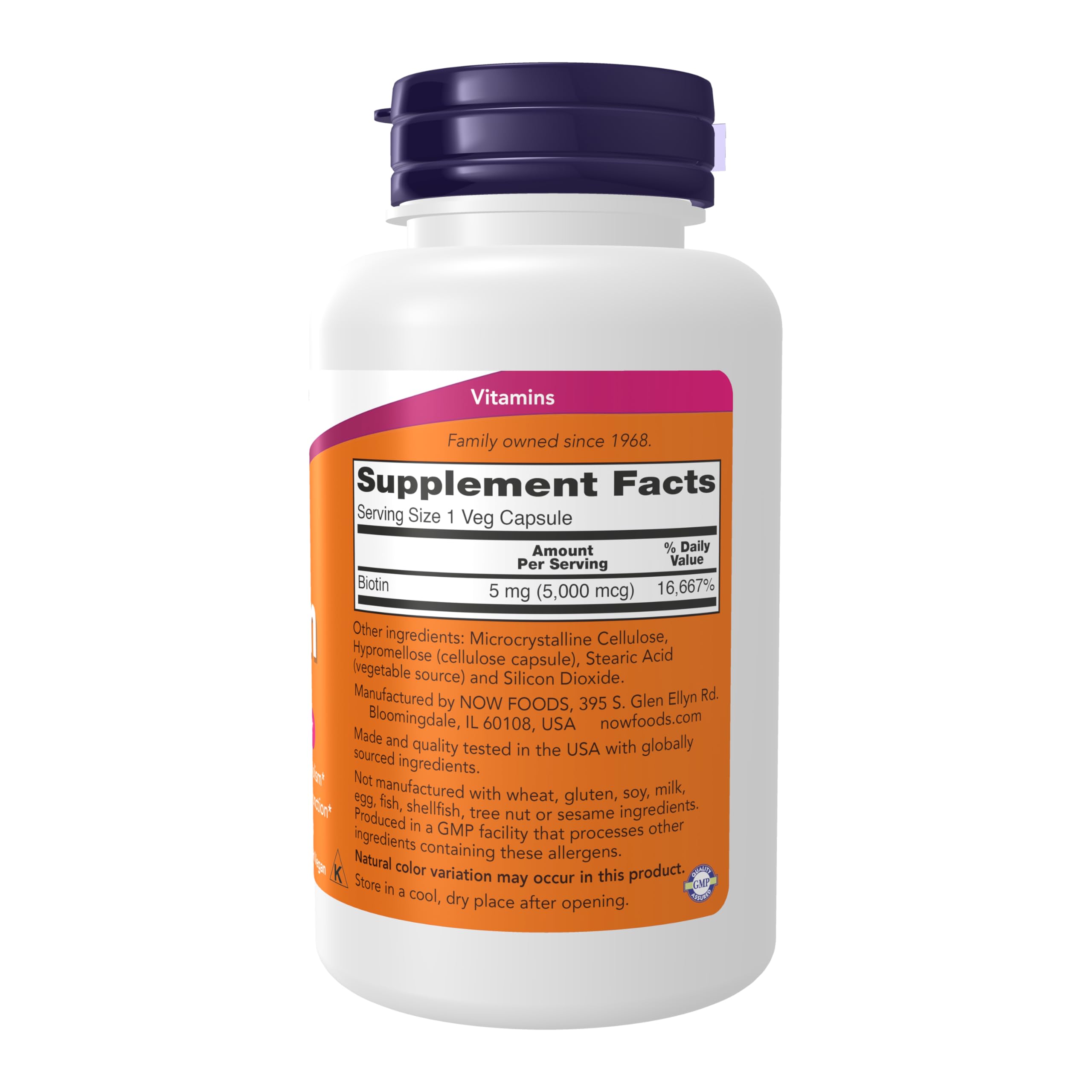 NOW Foods Biotina, etiqueta del producto que destaca la salud de la piel e inmunidad normal