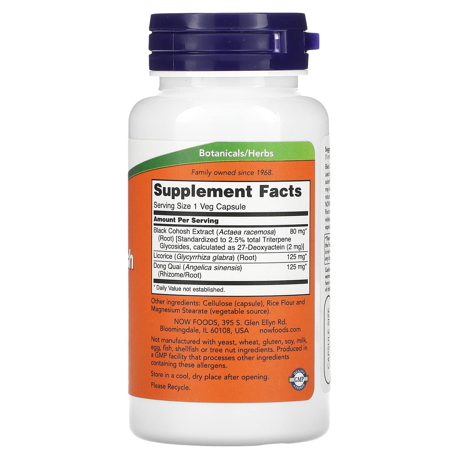 NOW Foods Black Cohosh 80 mg etiqueta muestra ingredientes y posibles usos