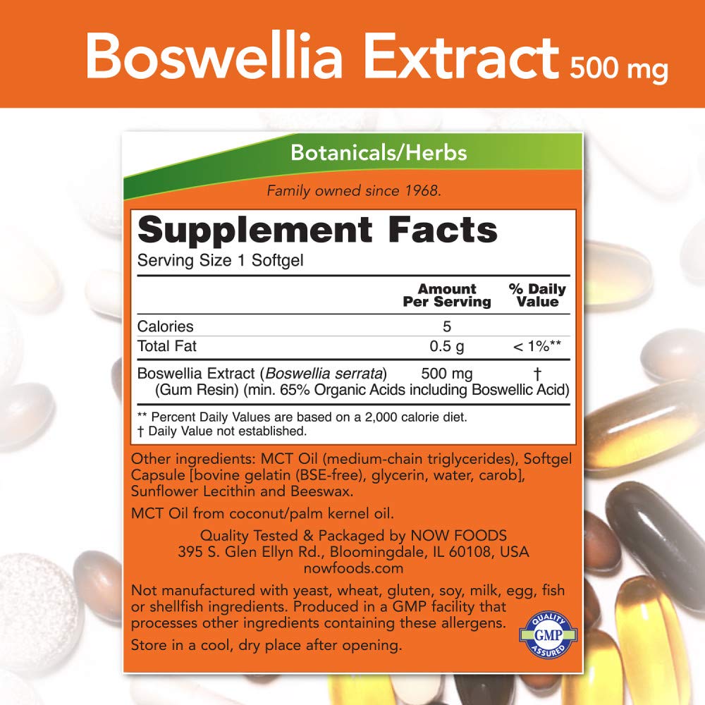 Etiqueta frontal clara NOW Foods Boswellia Extract para compra confiable