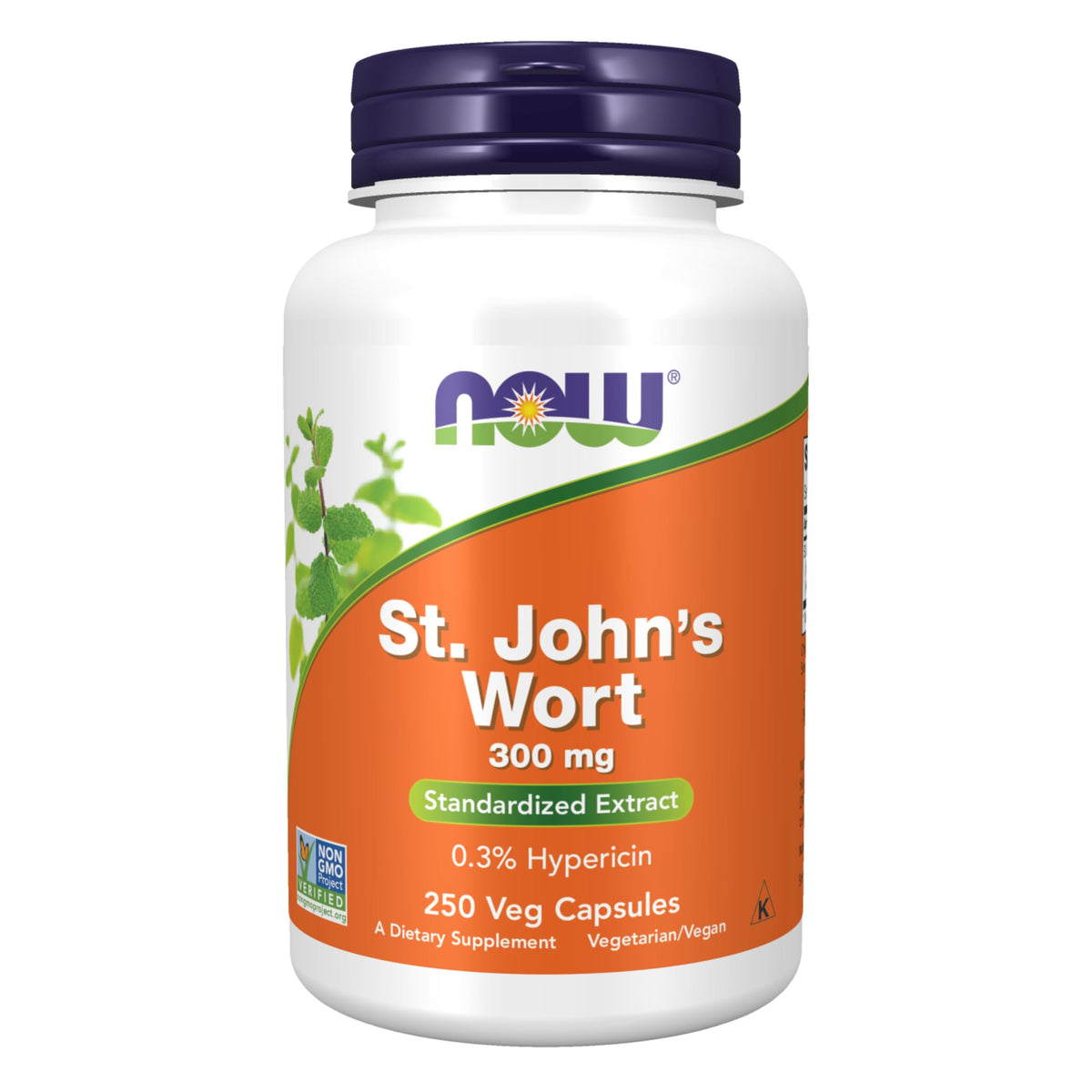NOW Foods Hierba de San Juan 300 mg en botella, etiqueta clara para uso diario.