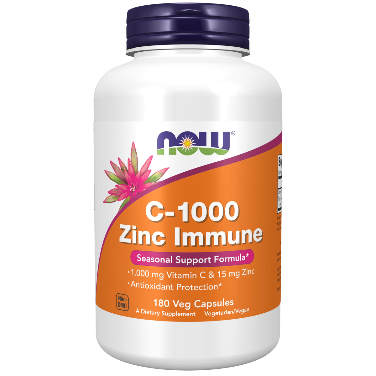 NOW Foods C-1000 Zinc Immune, frasco de cápsulas para uso diario con comida.