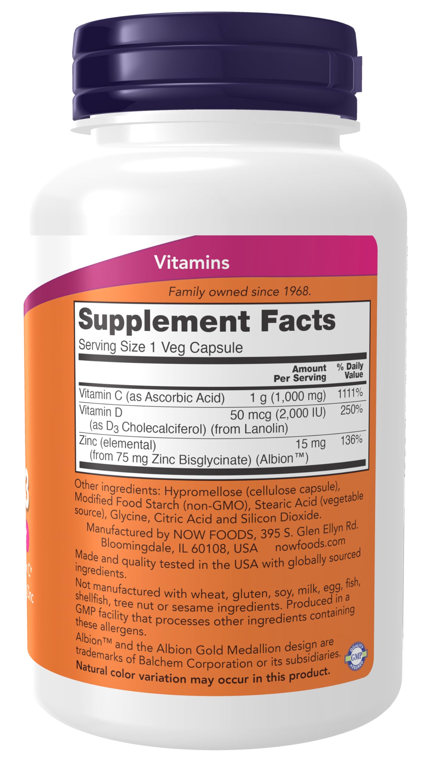 NOW Foods C-1000 Zinc y D-3 etiqueta trasera, información de vitamina D