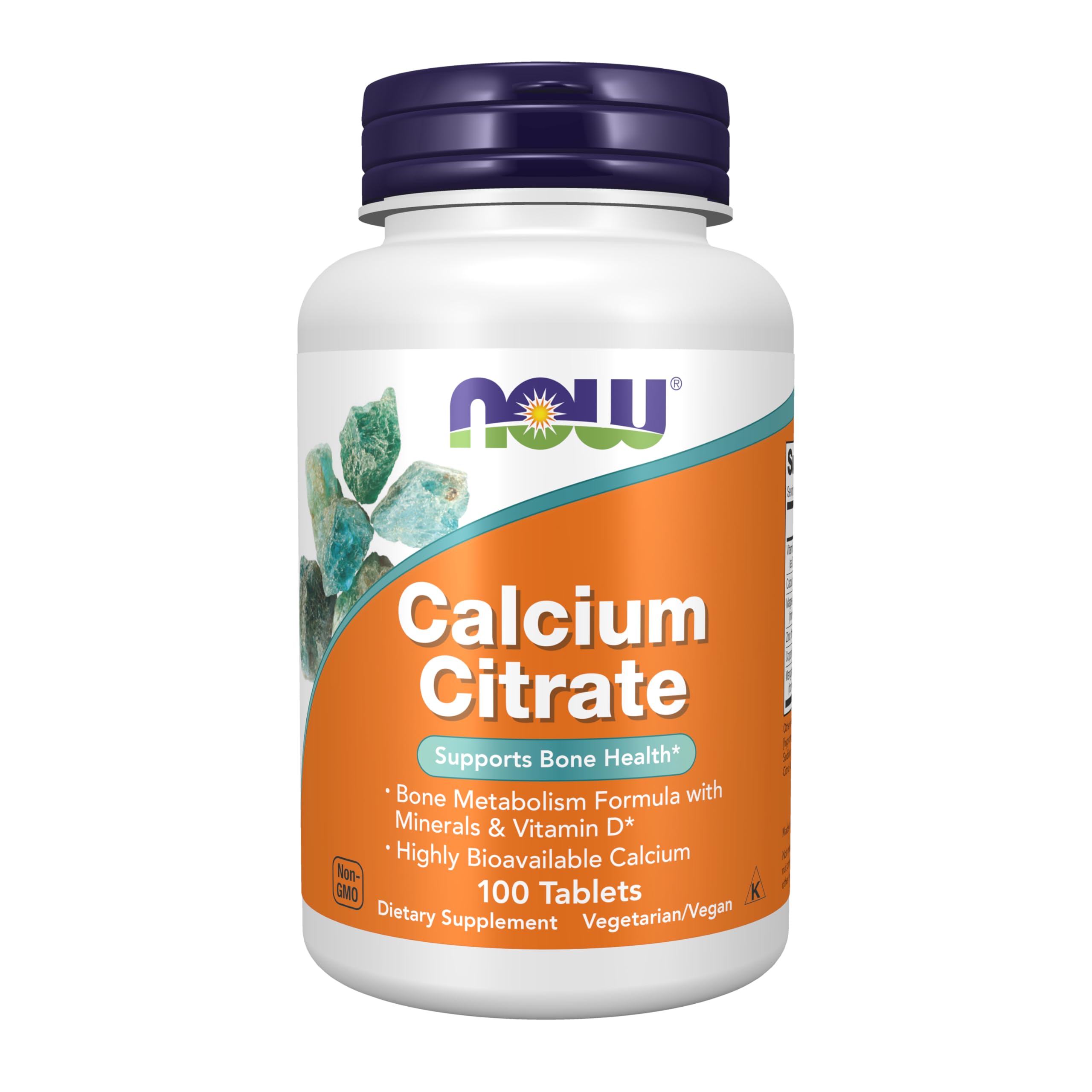 NOW Foods Calcium Citrate, frente de la botella, apoyo diario para la salud ósea.