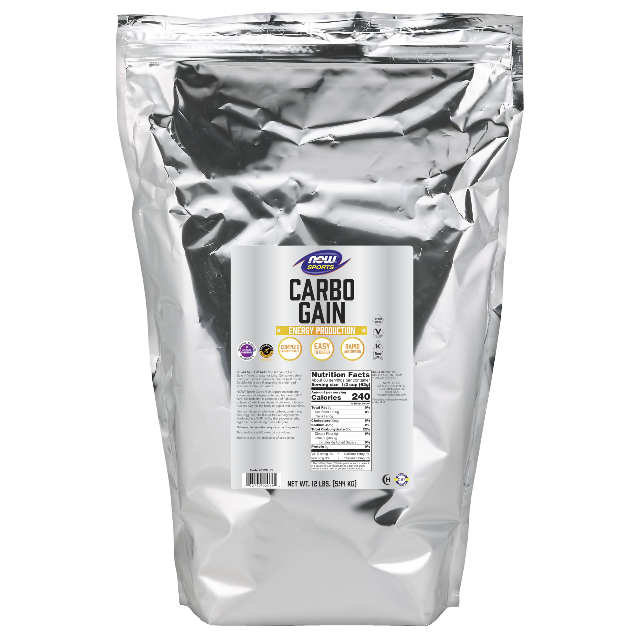 NOW Foods Carbo Gain: bote transparente para medir dosis y energía para entrenamientos