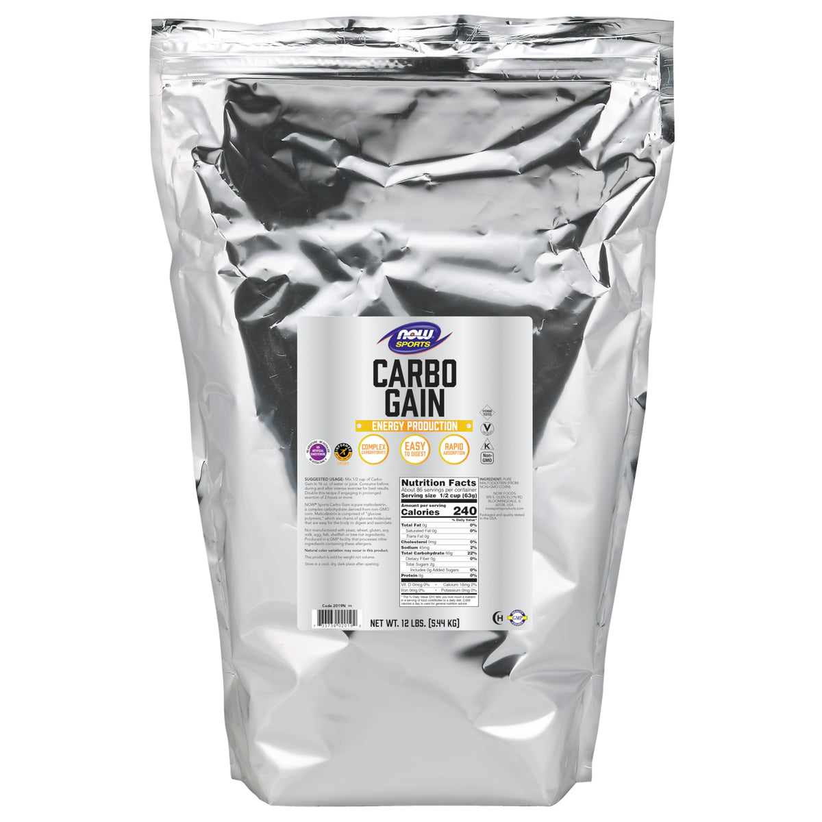 NOW Foods Carbo Gain: bote transparente para medir dosis y energía para entrenamientos