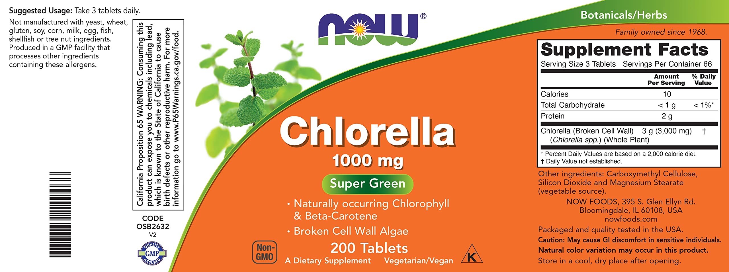 Etiqueta de Now Foods Chlorella que resalta nutrientes y valores veganos.