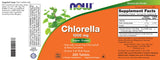 Etiqueta de Now Foods Chlorella que resalta nutrientes y valores veganos.