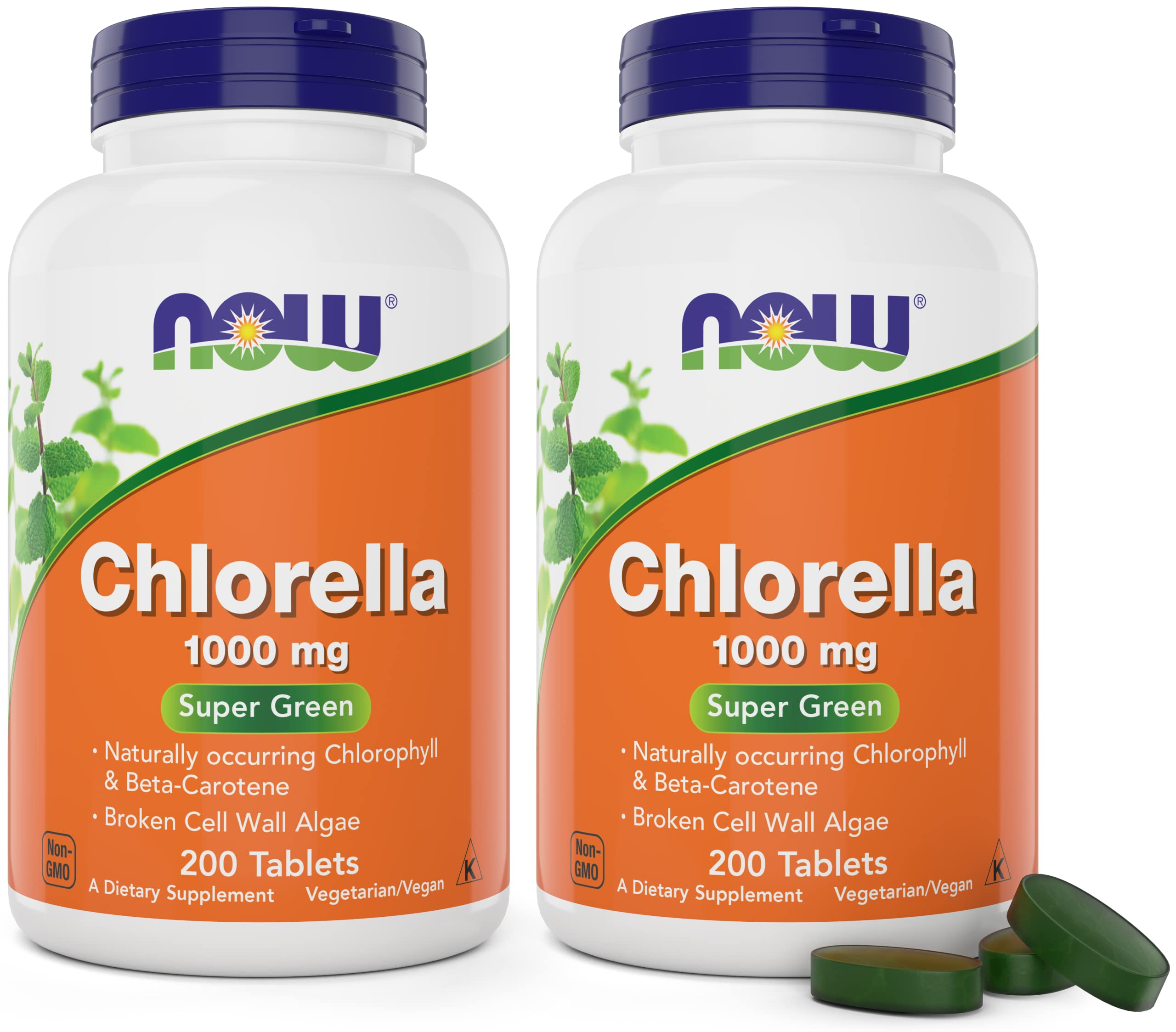 Now Foods Chlorella: vista frontal de la botella con tabletas, opción rápida para la rutina diaria.