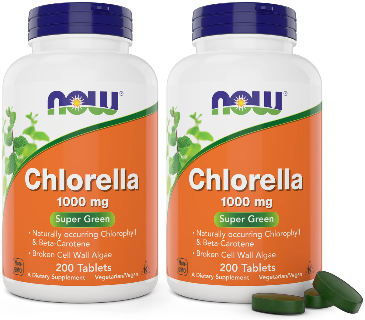 Now Foods Chlorella: vista frontal de la botella con tabletas, opción rápida para la rutina diaria.