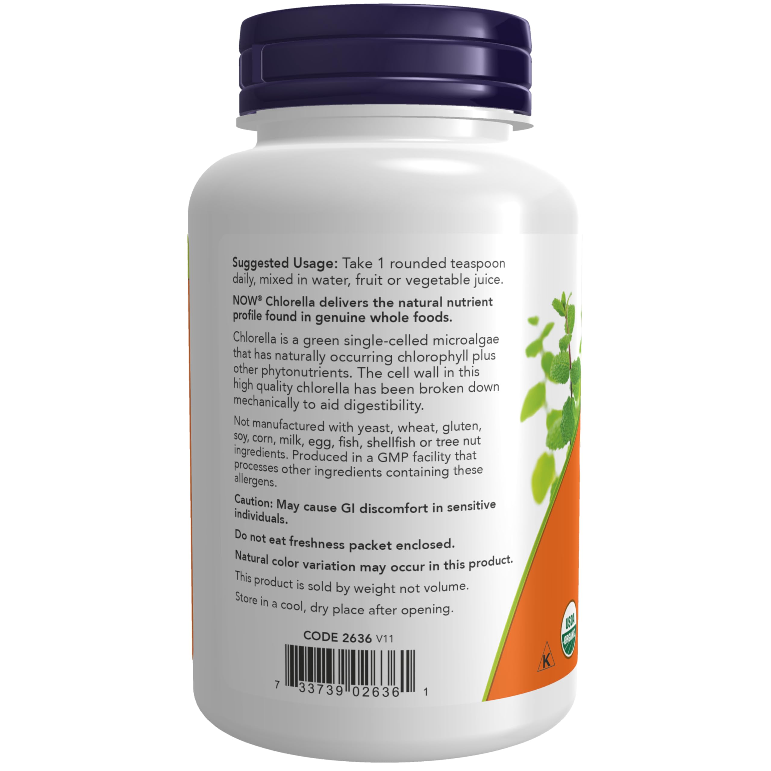 NOW Foods Chlorella, etiqueta orgánica visible como garantía de calidad.