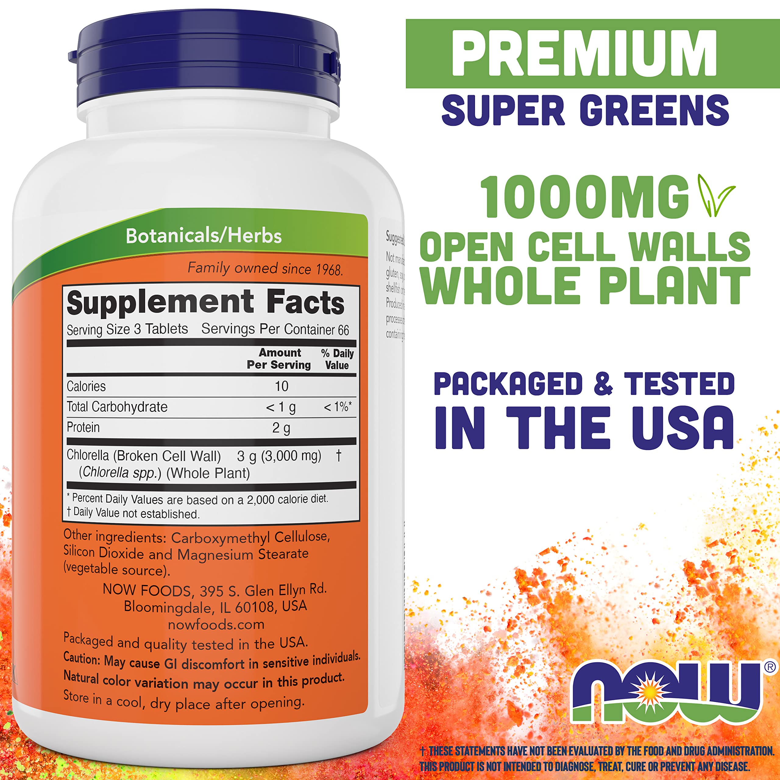 Now Foods Chlorella 1000 mg en blister, dosis diaria cómoda.