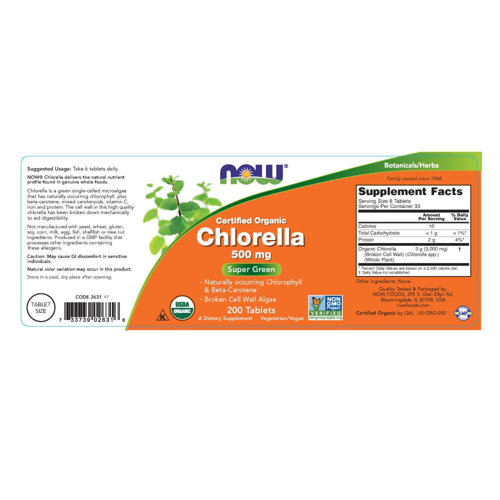 NOW Foods Chlorella tabletas en frente: ideal para empezar el día con energía