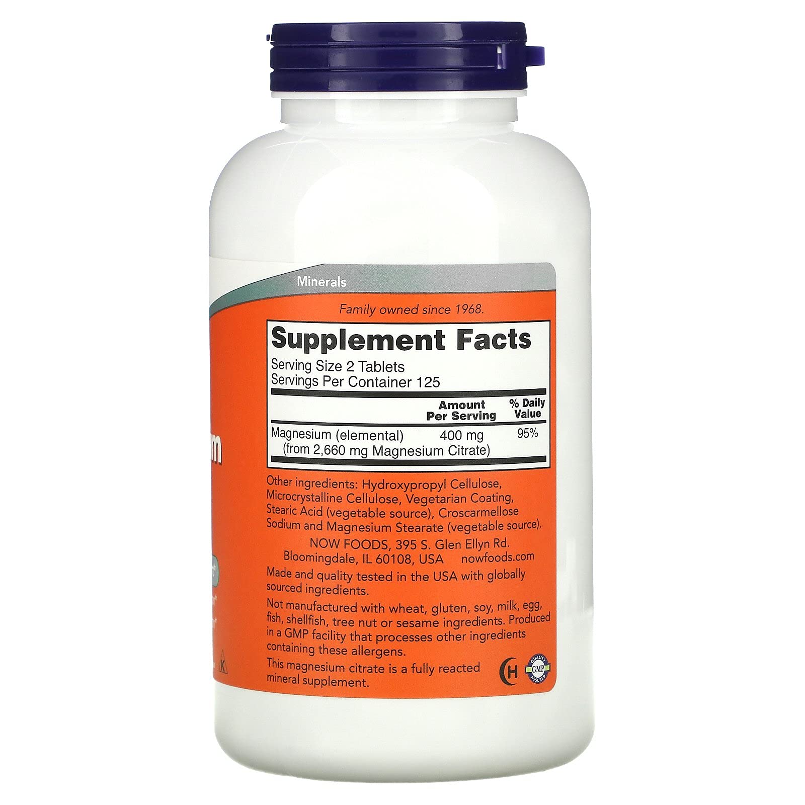 NOW Foods Citrato de Magnesio: envase de 250 tabletas para uso diario cómodo.