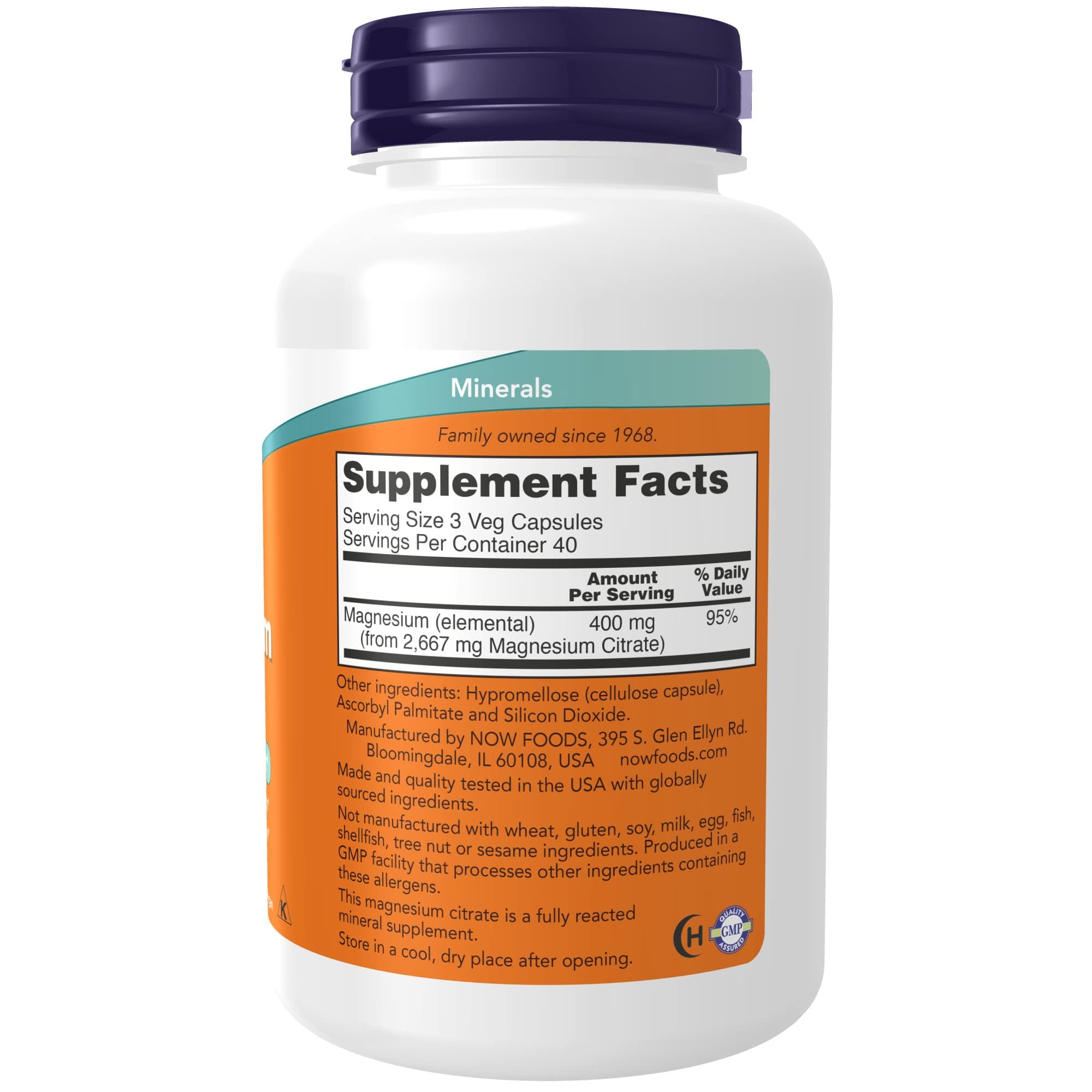 NOW Foods Citrato de Magnesio: cápsulas veganas para metabolismo y función enzimática.