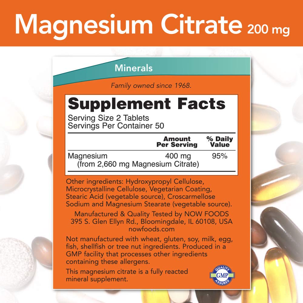 NOW Foods Citrato de Magnesio 200 mg etiqueta frontal visible