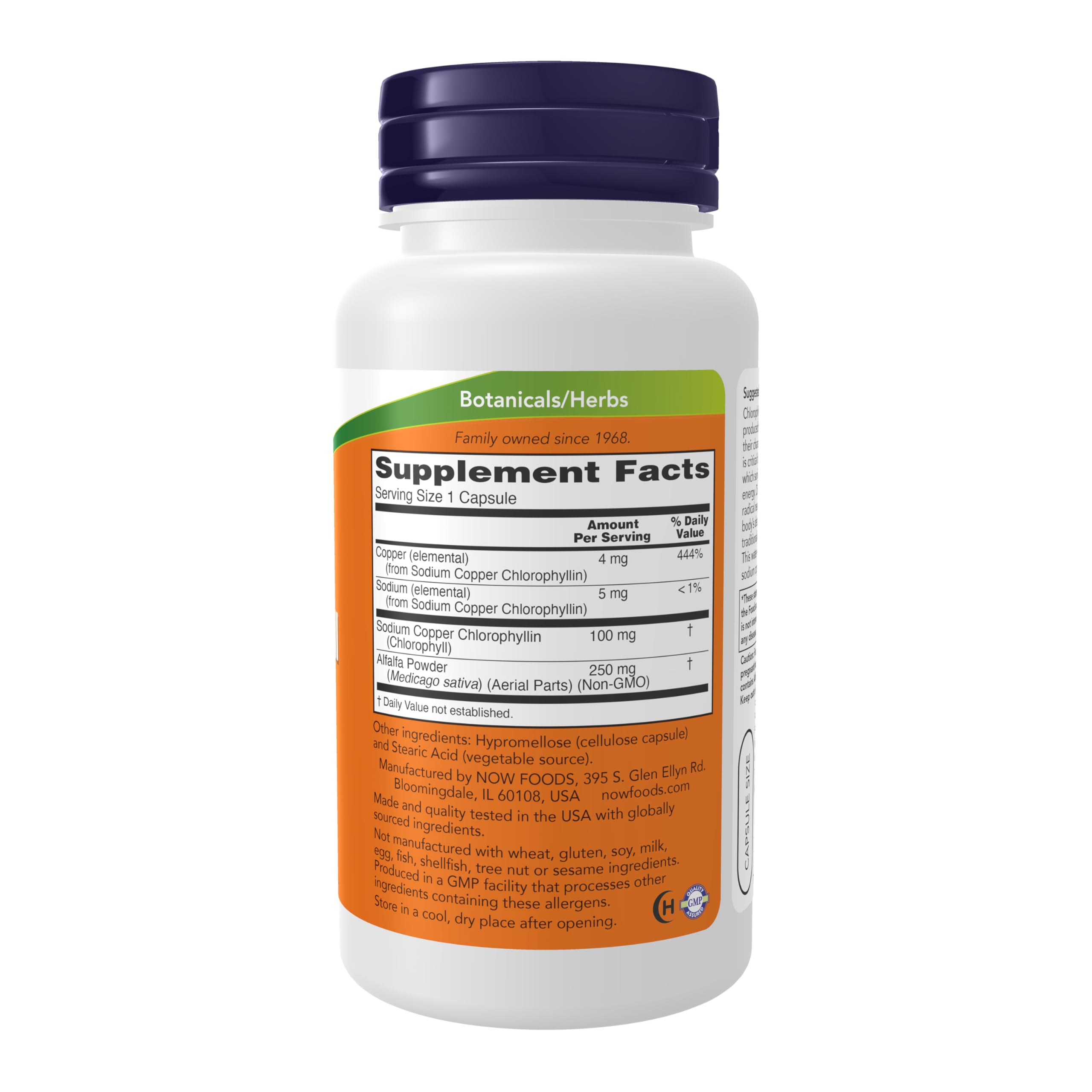 NOW Foods Clorofila, caja del producto, suplemento vegetariano no transgénico para la rutina