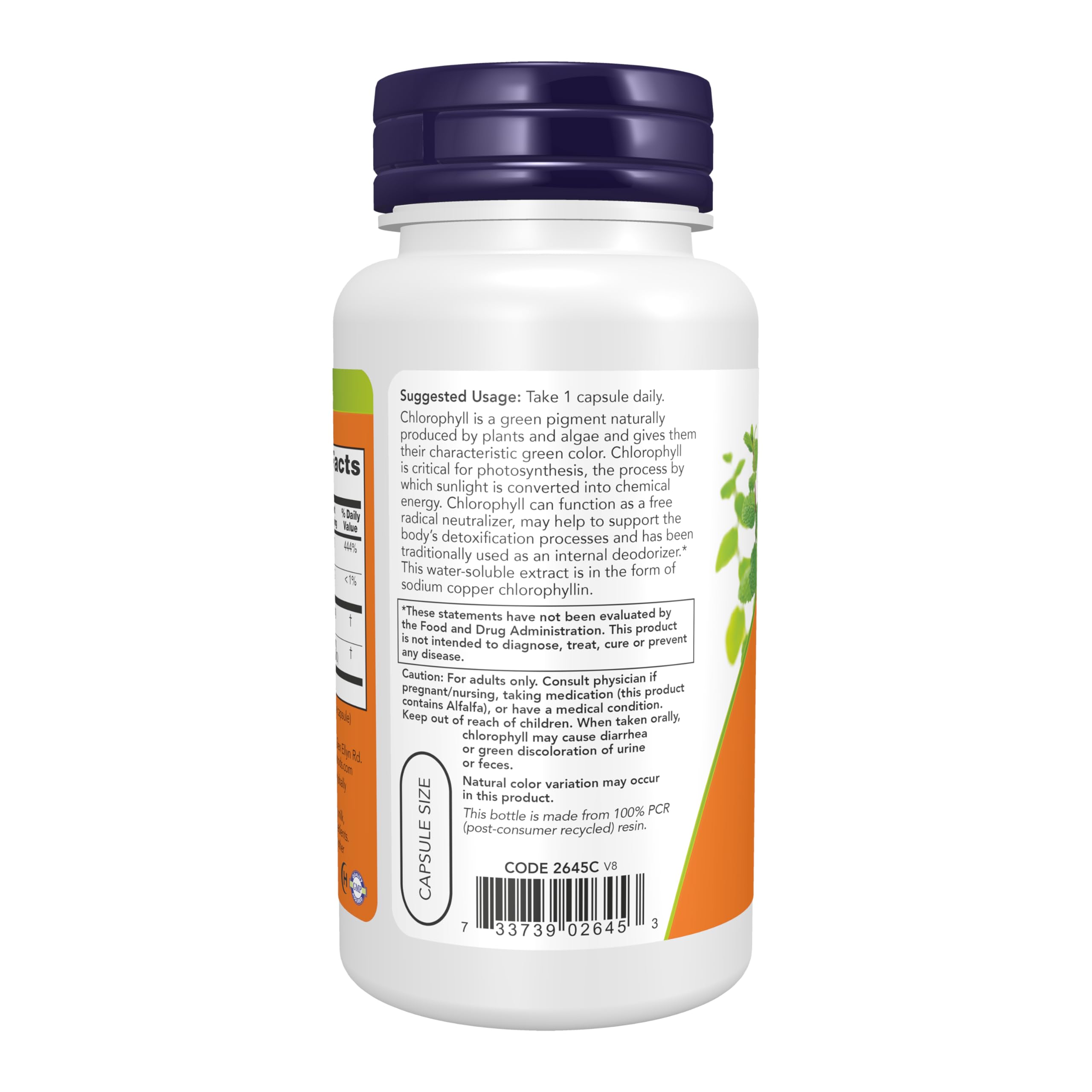 NOW Foods Clorofila, etiqueta del envase, fórmula con alfalfa para uso diario