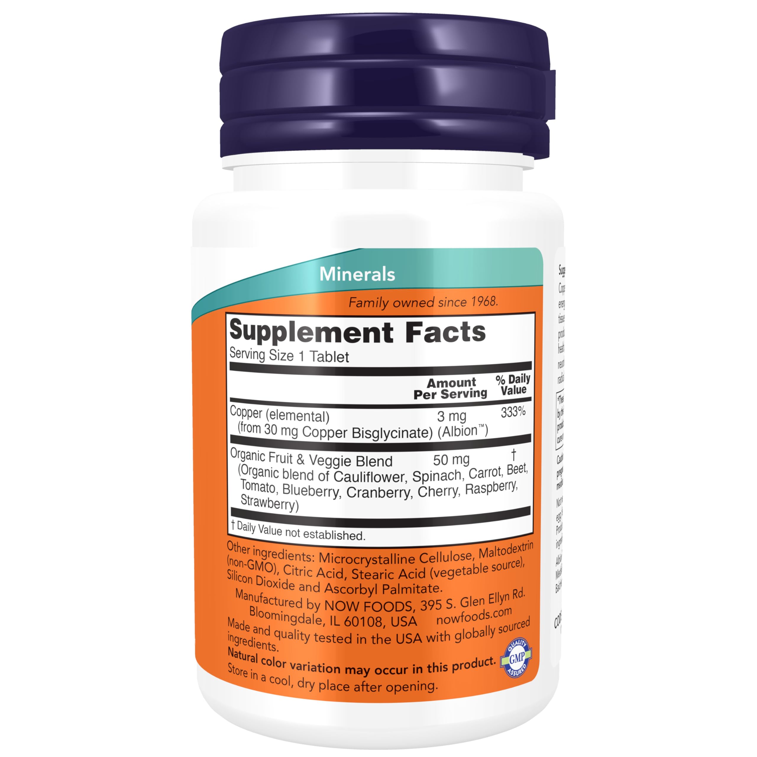 NOW Foods cobre glicinato Albion etiqueta muestra suplemento con mezcla de frutas y vegetales